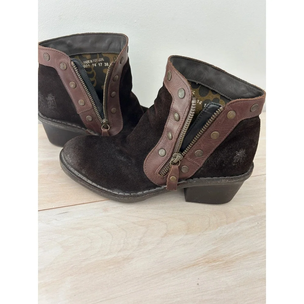 Fly London Brown Suede Studded Ankle Boots Leather Trim Portugal 38 Women's 7.5